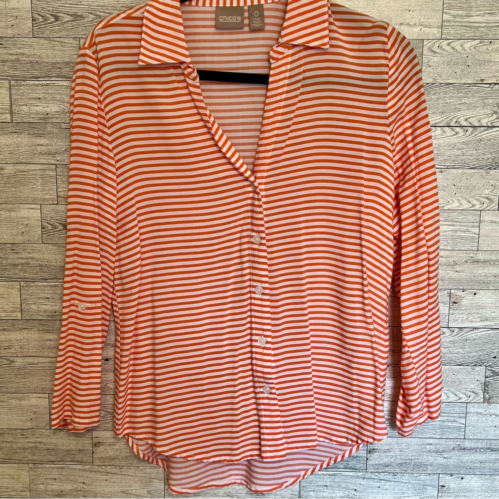 Chicos Orange/White Button-Down Top Womens-Size Small Long or Tab Sleeve Soft